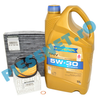 Pachet "PRIMA REVIZIE" LOGAN 3, DUSTER 3, SANDERO 3, JOGGER 1.0TCe sau 1.0TCe ECO-G, Ulei RAVENOL RN17 Filtru Ulei Si Polen Cu Carbon Activ Renault