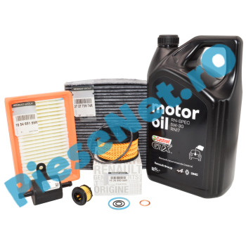 Pachet Revizie DUSTER 3 1.0TCe ECO G-100, Ulei Renault GTX 5W30 RN17 + Filtre Originale Renault, Habitaclu Cu Carbon Activ