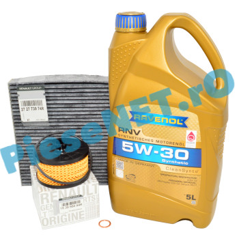 Pachet "PRIMA REVIZIE" LOGAN 3, DUSTER 3, SANDERO 3, JOGGER 1.0TCe sau 1.0TCe ECO-G, Ulei RAVENOL RN17 Filtru Ulei Si Polen Cu Carbon Activ Renault