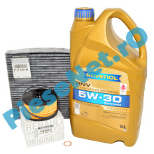 Pachet "PRIMA REVIZIE" LOGAN 3, DUSTER 3, SANDERO 3, JOGGER 1.0TCe sau 1.0TCe ECO-G, Ulei RAVENOL RN17 Filtru Ulei Si Polen Cu Carbon Activ Renault