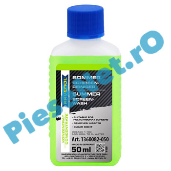RAVENOL Solutie Concentrata Pentru Curățarea Parbrizului "Summer Screen Wash" 1:100 – Vară | 50ml = 5L, Aromă de măr, 1360082-050-05-045